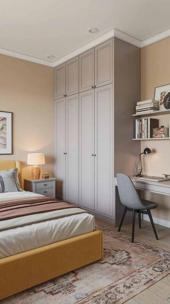 A delightful bedroom with light brown walls, a bed with a yellow upholstered headboard, and a large, light grey built-in wardrobe. The small space is completed with a white desk and wall-mounted shelves holding books and decorative items.
