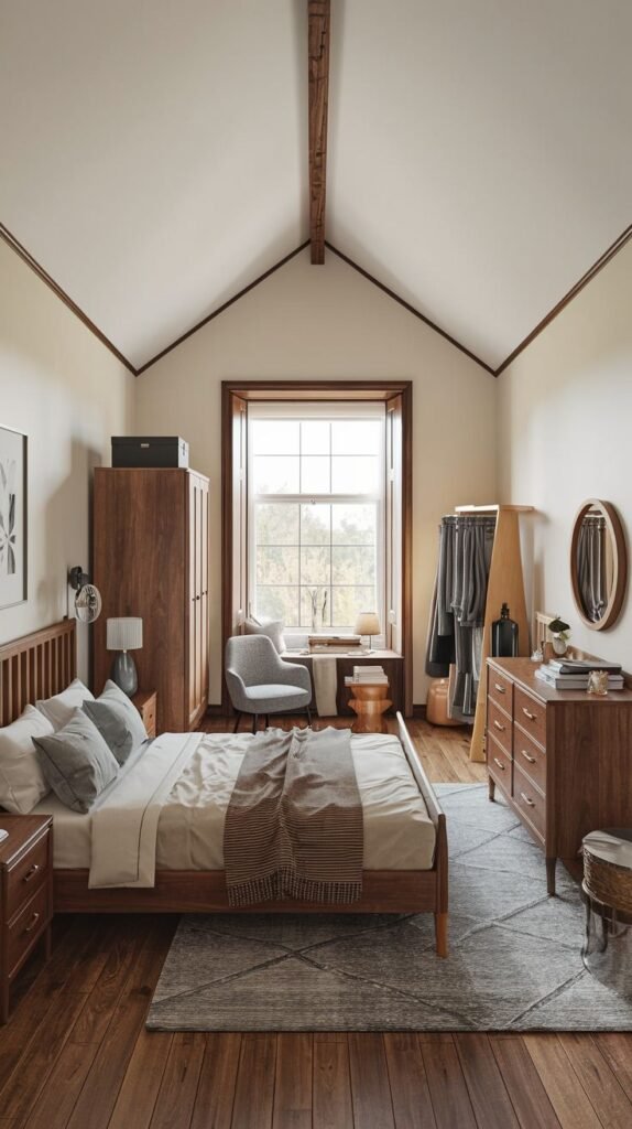 A delightful bedroom with vaulted ceilings, exposed wooden beams, and a large wooden-framed window. The small space is furnished with a wooden bed, a wooden wardrobe, a dresser, and a comfortable grey armchair by the window.