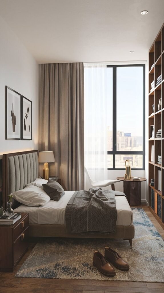 A delightful bedroom with white walls, a large window offering city views, and a bed with a grey ribbed headboard. The small space features a tall wooden bookshelf spanning an entire wall, dark wooden nightstands, and abstract artwork.