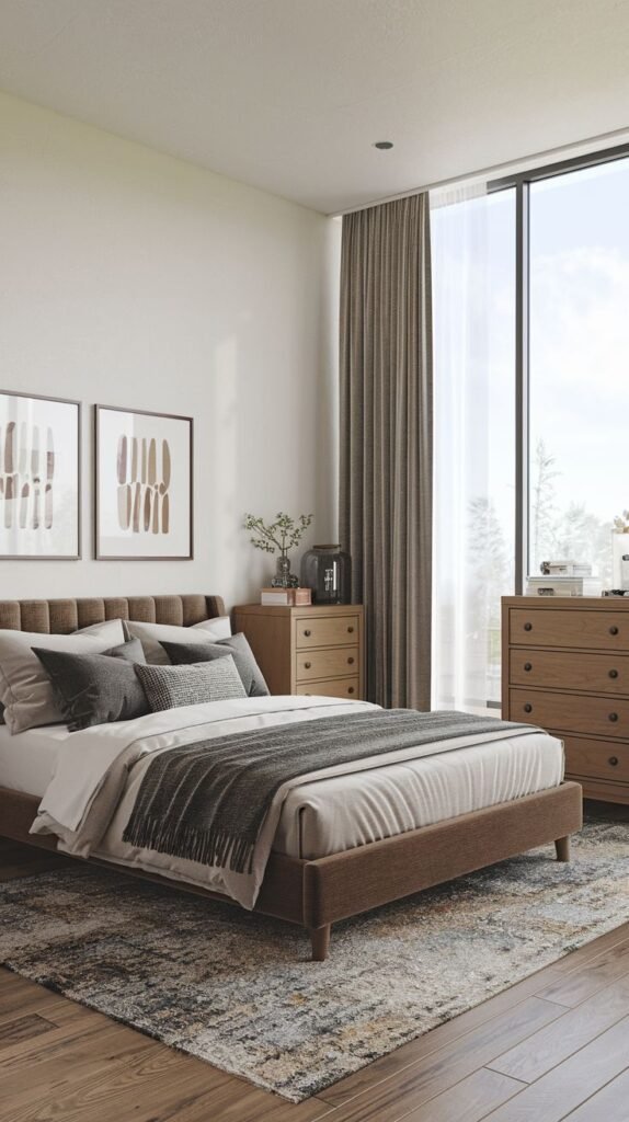 A delightful bedroom with white walls, a large window, and a brown upholstered bed. The small space is furnished with two wooden dressers with dark hardware and is decorated with abstract artwork on the wall.