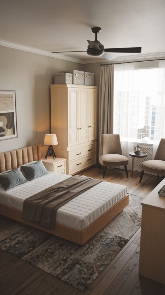 A delightful bedroom with light beige walls, a bed with a light wooden frame and ribbed headboard, and a window with curtains. The small space includes a large cream-colored wardrobe, two comfortable accent chairs, and a ceiling fan.