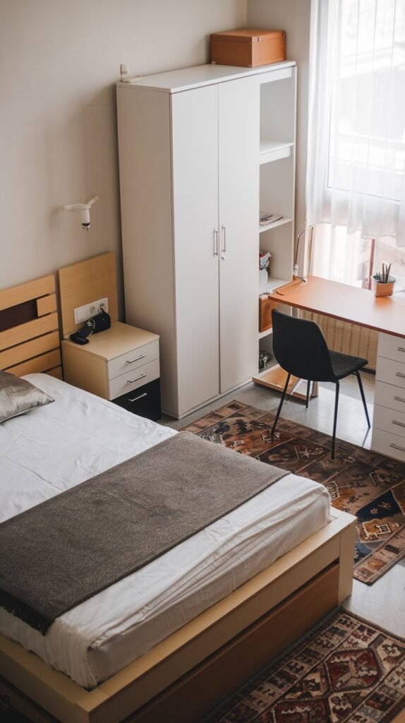 A delightful, small bedroom with light beige walls, a wooden bed, and a white wardrobe with open shelving. The room is functionally arranged with a wooden desk and a black chair, complemented by a patterned rug.