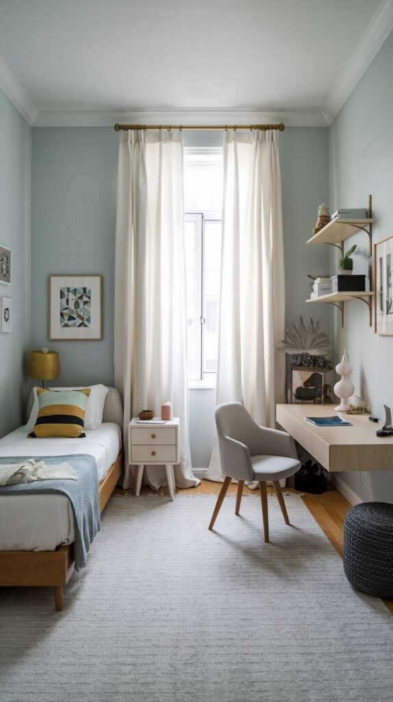 A delightful, small bedroom with light blue walls, a single wooden bed, and a window with long white curtains. The room is equipped with a floating wooden desk, wall-mounted shelves, and a comfortable grey armchair, creating a serene atmosphere.