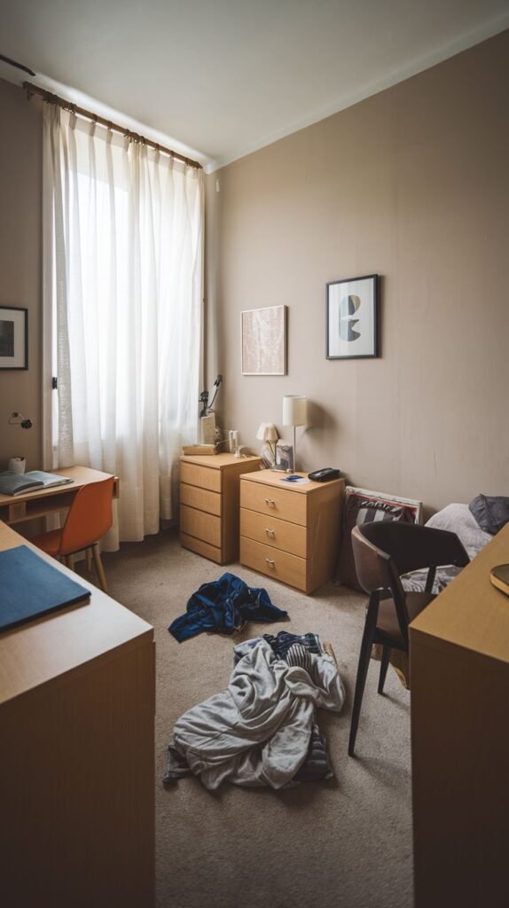 A small bedroom with light brown walls and a large window draped with sheer white curtains. The room contains two wooden dressers, a bed, and various items of clothing scattered on a light-colored carpet, presenting a lived-in appearance.