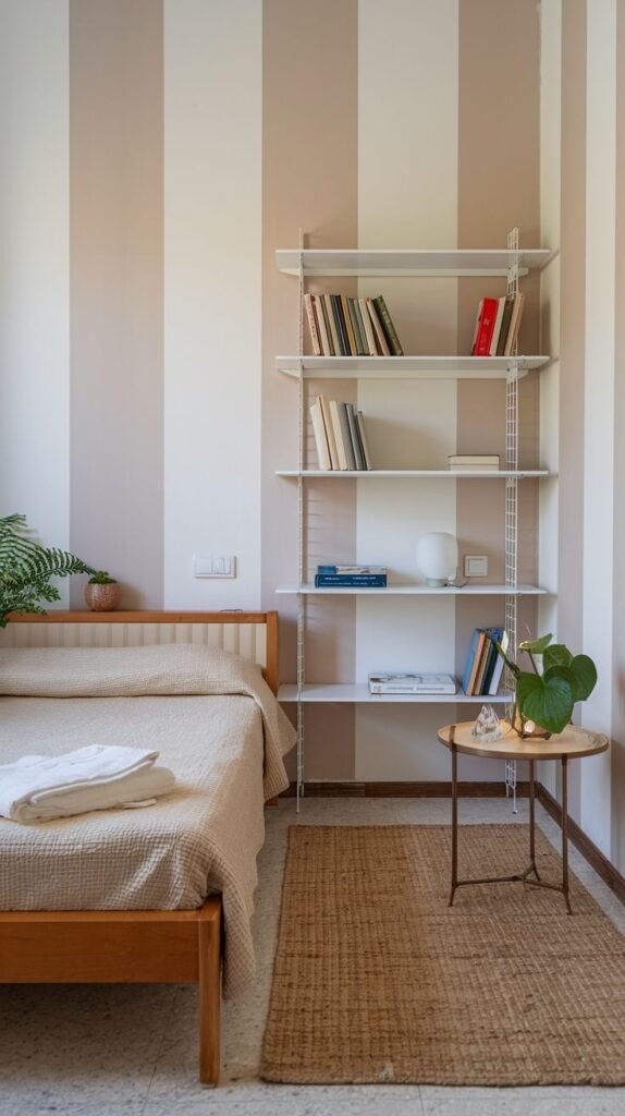 A delightful, small bedroom featuring a distinctive striped beige and white accent wall behind a wooden bed. The room is brightened by a window and includes a white metal shelving unit filled with books, along with a small round side table.