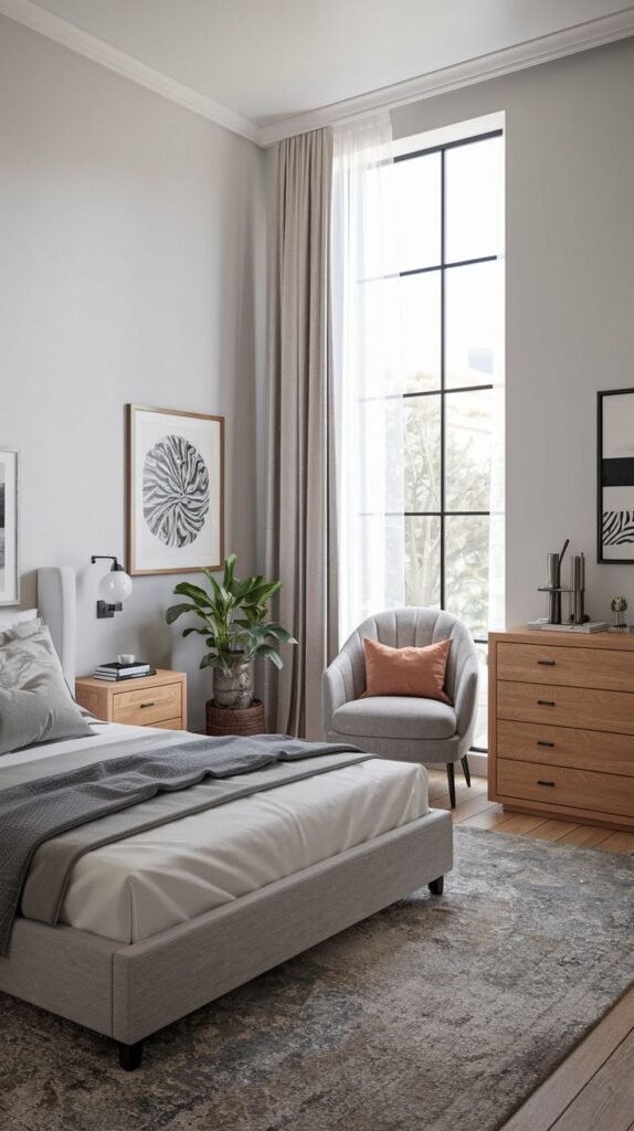 A delightful bedroom featuring light grey walls, a large window, and a bed with a light grey upholstered headboard. The small space comfortably accommodates a ribbed armchair with an orange pillow, wooden nightstands, and a muted, patterned rug.