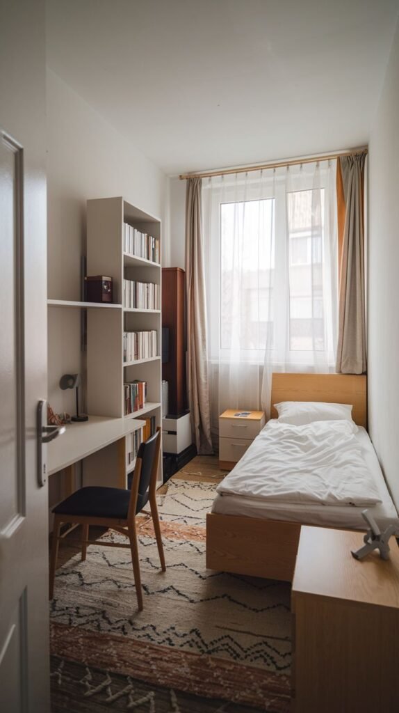 A delightful, small bedroom, viewed from the doorway, with light beige walls and a window with sheer white curtains. The room is furnished with a single wooden bed, a white shelving unit that incorporates a desk, and a geometric patterned rug.
