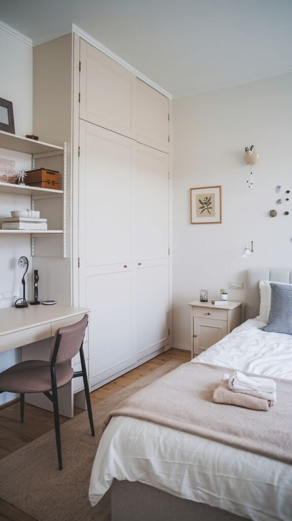 A delightful, small bedroom showcasing light beige walls, a bed with a neutral-toned throw blanket, and a tall, built-in cream-colored wardrobe. The room also includes a desk with a light brown chair and wall-mounted shelves with decorative items.