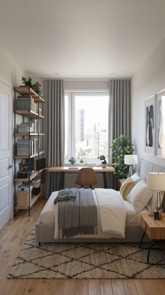 A delightful bedroom with light grey walls, a bed with grey bedding, and a large window offering a city view. The small space effectively uses a tall wooden bookshelf, a long desk with a brown chair, and a patterned rug.