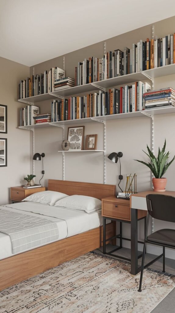 A delightful, small bedroom with light brown walls and a wooden bed. The room's most prominent feature is the extensive white wall-mounted shelving filled with numerous books and decorative frames above the bed and next to a desk area.