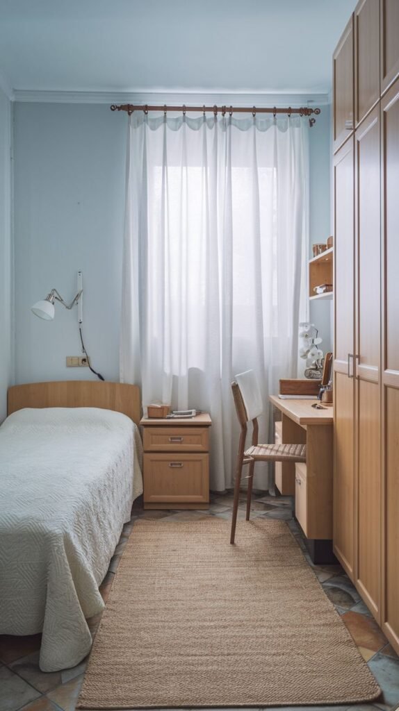 A delightful, small bedroom with light blue walls, a single bed with white bedding, and a window framed by sheer white curtains. Wooden furniture, including a tall wardrobe and a desk with a chair, optimizes the space.