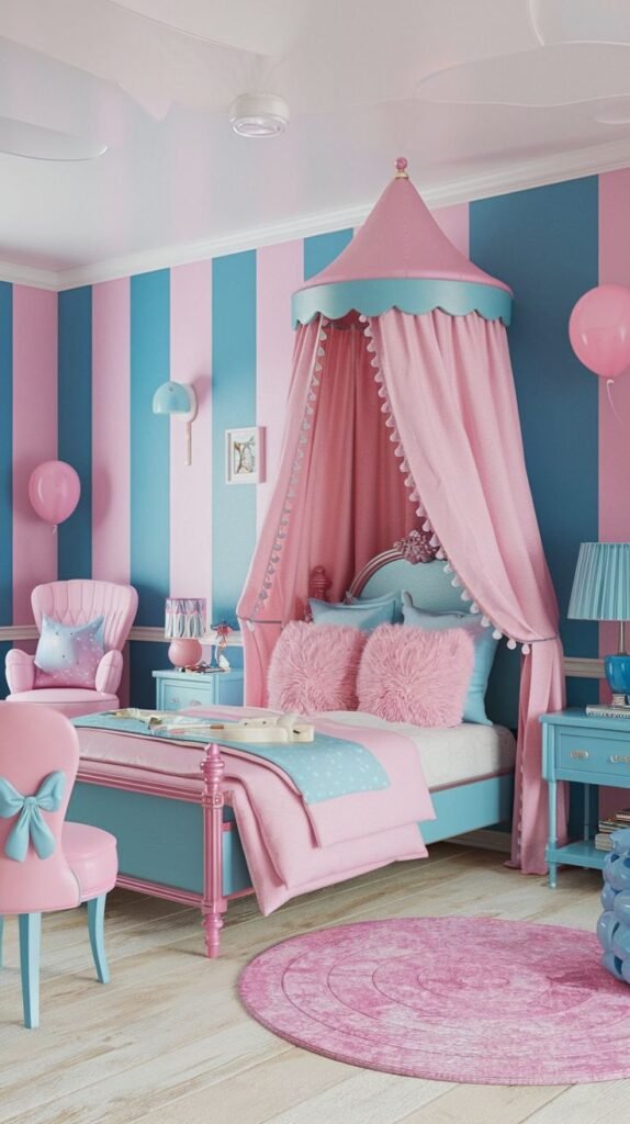 A Delightful and Whimsical child's bedroom with bold vertical stripes in pink and blue on the walls. It features a blue bed with a pink canopy, pink fluffy pillows, a pink armchair, and a pink round rug, all contributing to a playful atmosphere.
