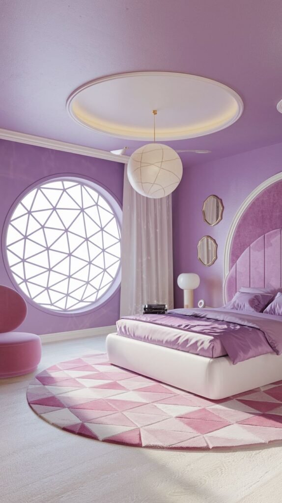 A Delightful and Whimsical lavender-themed bedroom featuring a large circular window with an intricate geometric pattern. The room contains a minimalist white bed with purple bedding, a pink armchair, and a circular rug with a pink and white diamond pattern, evoking a serene and modern feel.