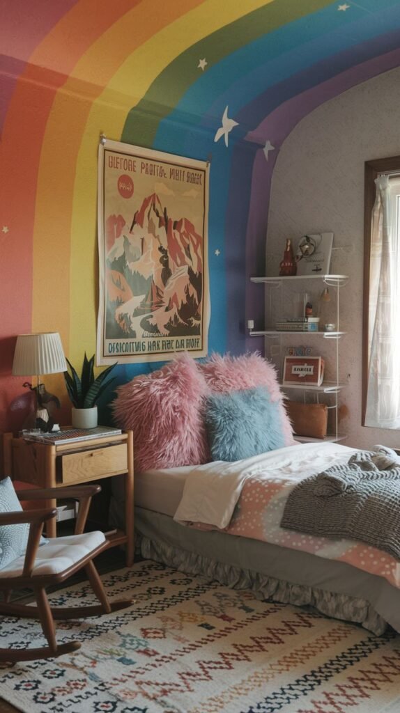 A Delightful and Whimsical bedroom with a vibrant rainbow painted on the wall and ceiling. The room has a simple bed with colorful fluffy pillows, a wooden nightstand, and a patterned rug, creating a cozy and artistic space.