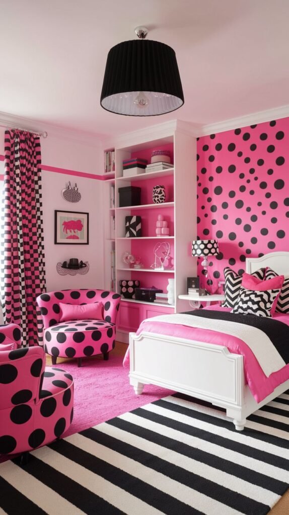 A Delightful and Whimsical bedroom designed in a bold pink and black polka dot theme. It features a white bed with pink bedding, a pink polka-dotted armchair, and a striped black and white rug, offering a vibrant and playful aesthetic.