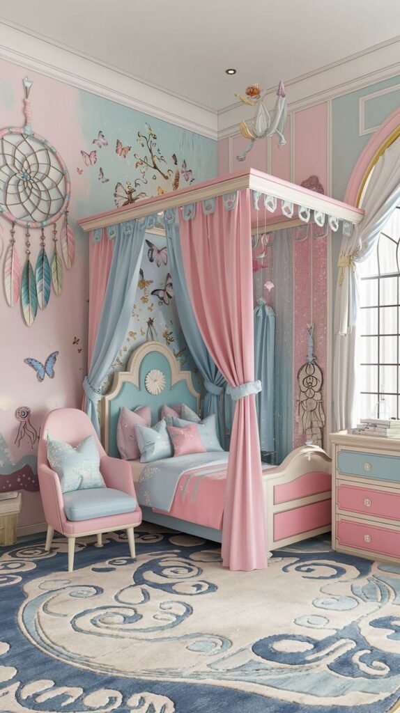 A Delightful and Whimsical bedroom with pastel pink and blue walls decorated with butterflies. It features a bed with a pink and blue canopy, a matching armchair, and a large blue rug with swirling patterns, creating a serene and magical atmosphere.