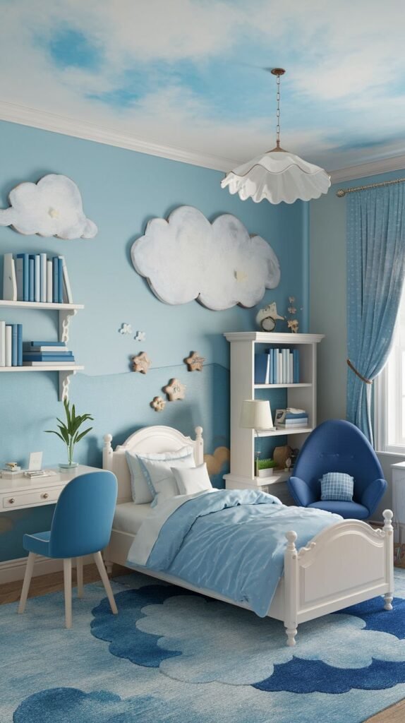 A Delightful and Whimsical light blue bedroom with a cloud-painted ceiling and cloud-shaped wall decor. It includes a white bed with blue bedding, a white desk and chair, and a large blue rug with cloud patterns, creating a tranquil, sky-inspired environment.
