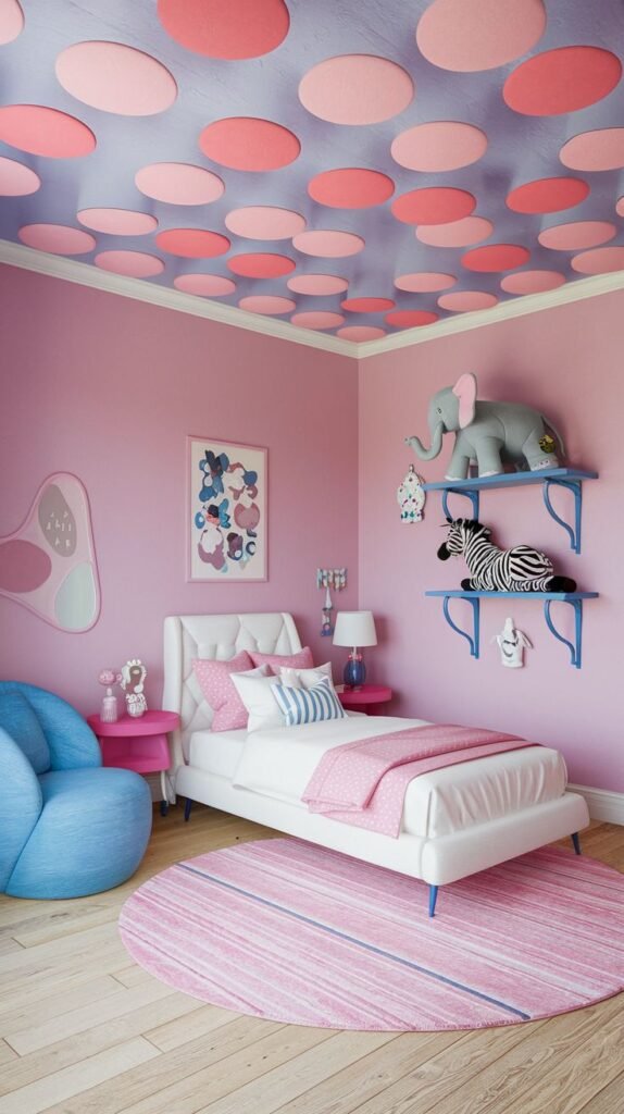 A Delightful and Whimsical pink bedroom with a ceiling adorned with various shades of pink circular cutouts. The room features a white bed with pink bedding, blue shelves holding animal toys, and a pink striped round rug, giving it a playful and modern design.