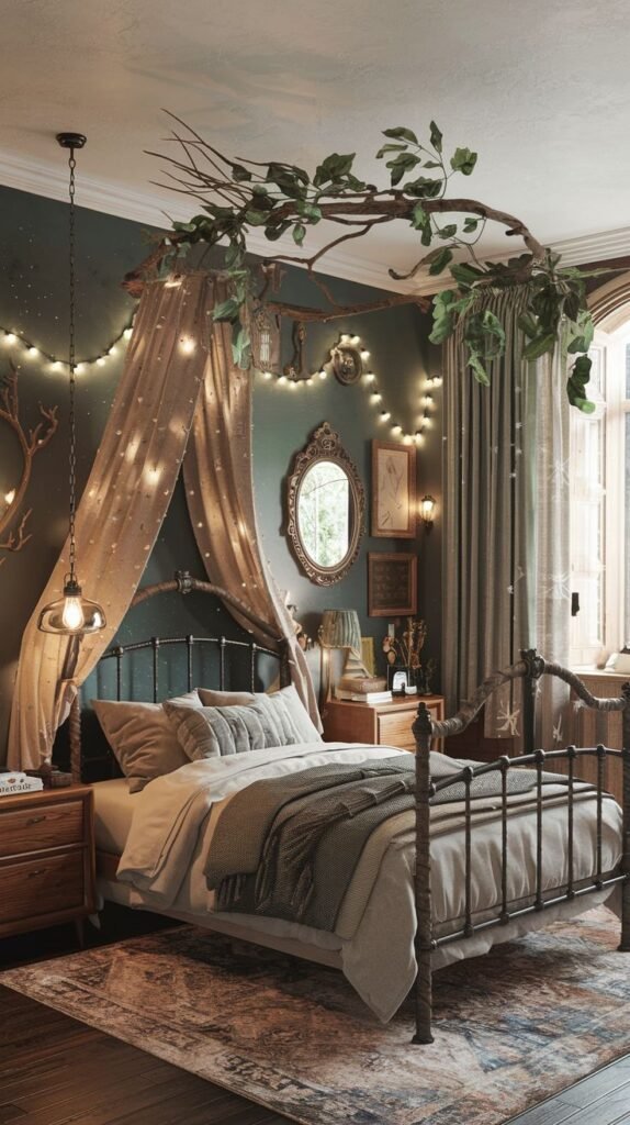 A Delightful and Whimsical dark-walled bedroom with an enchanted forest theme, featuring string lights and tree branches with leaves suspended above the bed. The room has a dark metal bed with neutral bedding, wooden nightstands, and a patterned rug, creating a mystical and cozy ambiance.
