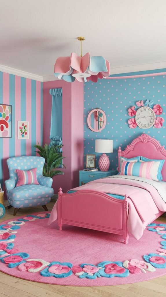 A Delightful and Whimsical bedroom featuring bold pink and blue stripes on one wall and blue polka dots on another. The room contains a pink bed, a matching pink and blue polka-dotted armchair, and a pink round rug adorned with floral designs, creating a vibrant and cheerful space.