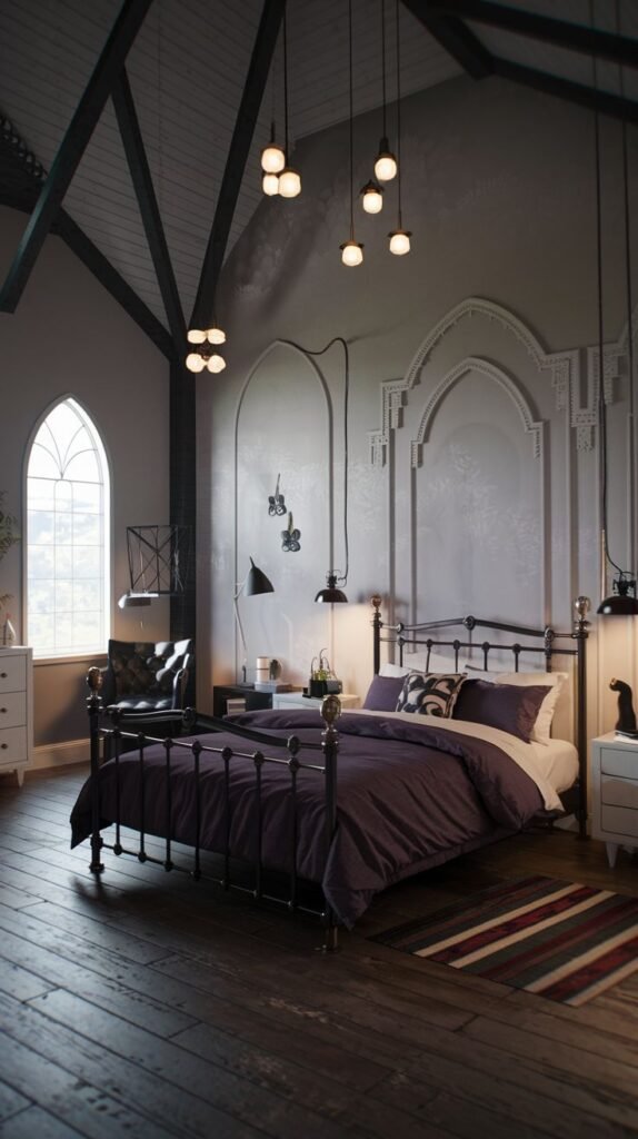 A Delightful and Whimsical bedroom with a high vaulted ceiling and an industrial-gothic aesthetic. It features a dark metal bed with purple bedding, a large arched window, and exposed pipes on the wall, creating a unique and dramatic atmosphere.