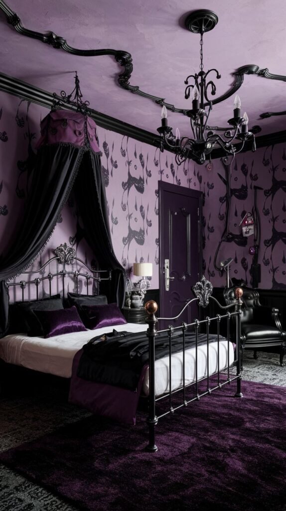 A Delightful and Whimsical dark purple bedroom with an ornate black chandelier and black decorative moldings on the ceiling and walls. The room features a dark metal bed with a black canopy and purple bedding, and a plush purple rug, creating a dramatic and elegant space.