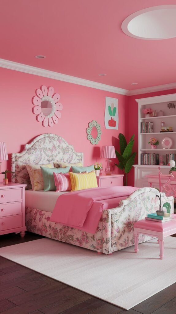 A Delightful and Whimsical bedroom decorated predominantly in pink, featuring a floral upholstered bed with colorful pillows. The room includes pink nightstands, a matching pink stool, a white bookshelf filled with items, and floral-shaped mirrors on the wall, creating a bright and cheerful space.