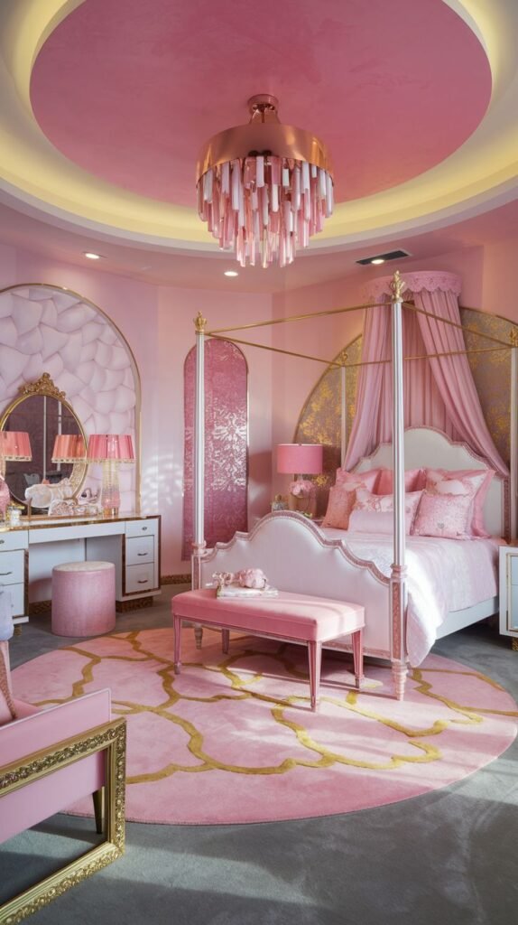 A Delightful and Whimsical luxurious pink bedroom with a large circular ceiling light feature and an elaborate pink and gold chandelier. The room includes a four-poster bed with pink drapes, a vanity area, and a pink and gold patterned rug, exuding an opulent and grand feel.