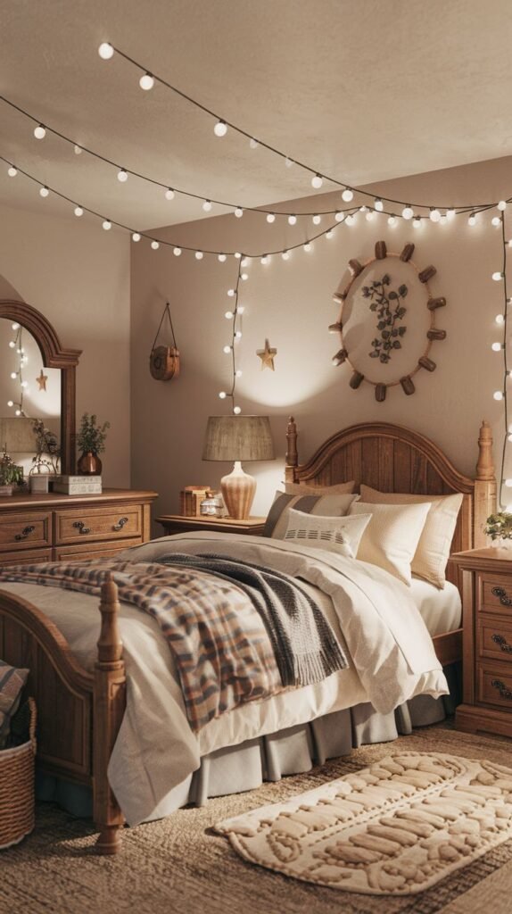 A Delightful and Whimsical rustic bedroom with warm wooden furniture and string lights draped across the wall. The room features a wooden bed with plaid and neutral bedding, a wooden dresser, and a woven rug, creating a cozy and inviting atmosphere.