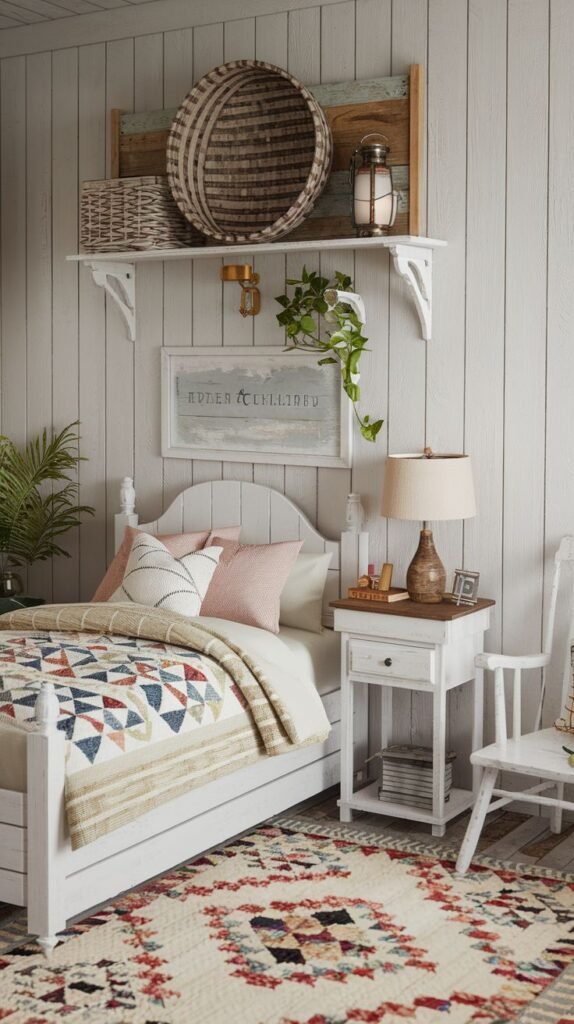 A Delightful and Whimsical farmhouse-style bedroom with white shiplap walls. It features a white bed with a colorful patchwork quilt, a white nightstand, and a traditional patterned rug, creating a quaint and comfortable setting.