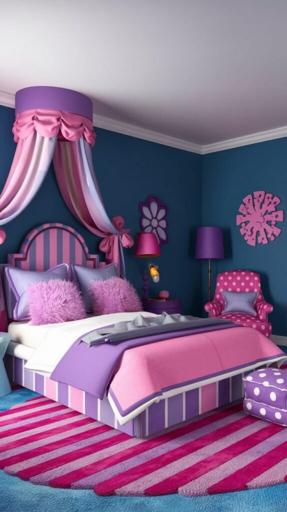 A Delightful and Whimsical bedroom in bold shades of pink, purple, and blue. It features a striped bed with a matching canopy, purple fluffy pillows, and a pink and purple striped rug, creating a vibrant and playful design.