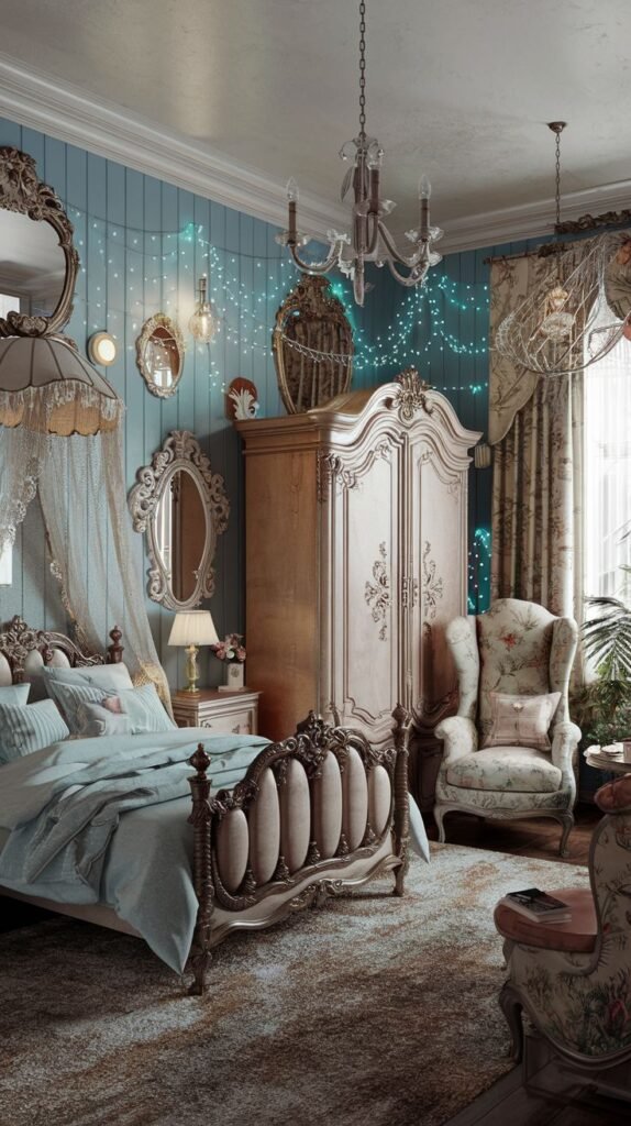 A Delightful and Whimsical bedroom with light blue panelled walls, a classic wooden bed with an ornate headboard, and a large wooden wardrobe. The room features string lights, multiple mirrors, and a floral armchair, creating a cozy and ornate ambiance.