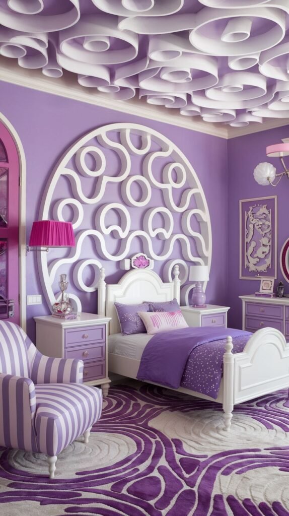 A Delightful and Whimsical purple bedroom with a striking white sculptural headboard and a matching three-dimensional circular ceiling design. The room is furnished with a white bed, purple bedding, a striped armchair, and a swirling purple and white rug, offering a unique and artistic feel.