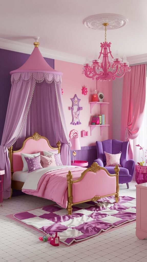 A Delightful and Whimsical bedroom in pink and purple tones, featuring a grand pink bed with gold accents and a pink canopy. A prominent pink chandelier hangs from the ceiling, complementing the purple armchair and pink and purple patterned rug, creating a luxurious and playful design.