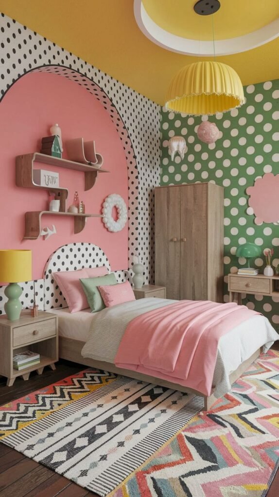 A Delightful and Whimsical bedroom with a vibrant and eclectic design, featuring polka-dotted walls in pink and green, and a bright yellow ceiling. The room has a wooden bed with pink bedding, natural wood shelves, and a colorful, patterned rug, creating a fun and artistic space.