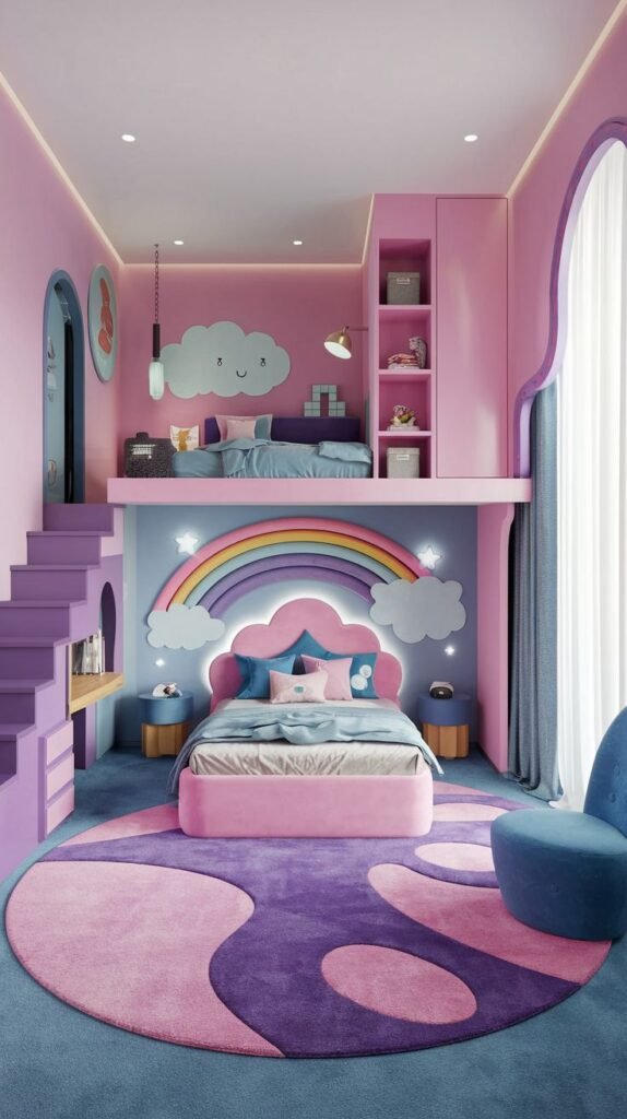 A Delightful and Whimsical multi-level bedroom designed with pink walls and a blue carpet, featuring two beds. The lower bed is pink with a rainbow headboard, while the upper bed is nestled under a cloud-shaped cutout. Stairs lead to the upper level, emphasizing a dreamy, imaginative theme.
