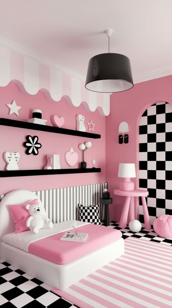 A Delightful and Whimsical bedroom with a pink and black and white checkerboard theme. It features a white bed with pink bedding and a teddy bear, black shelves displaying decorative objects, and a striped pink and white rug, creating a modern and playful contrast.