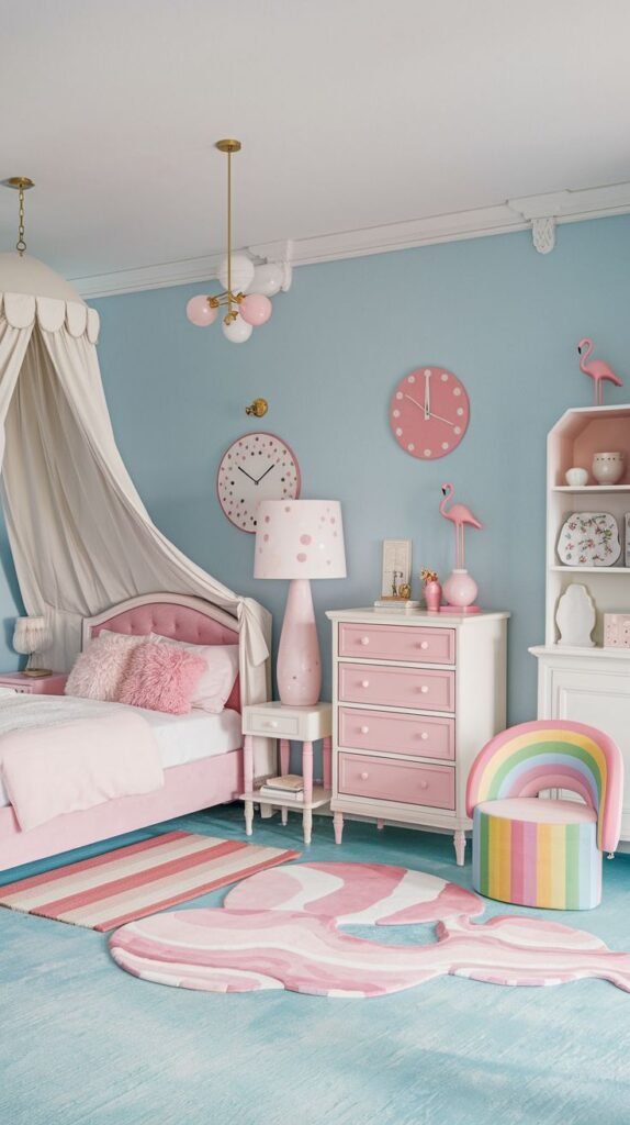 A Delightful whimsical bedroom featuring pastel blue walls, pink furniture, and playful decor. The room includes a tufted pink bed with a white canopy, a pink dresser, a rainbow accent chair, flamingo decorations, polka dot lamps, and a fun flamingo-shaped rug for a charming and colorful design.