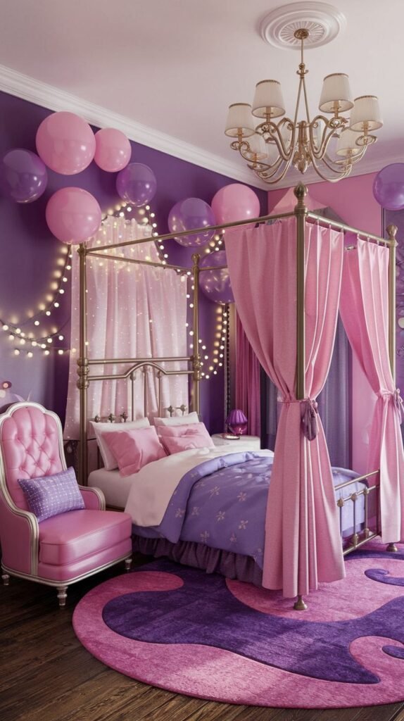 A Delightful and Whimsical bedroom adorned with shades of pink and purple. It includes a four-poster bed draped with pink curtains and string lights, pink and purple balloons scattered on the wall, and a large purple rug with a swirling pattern, creating a festive and opulent atmosphere.