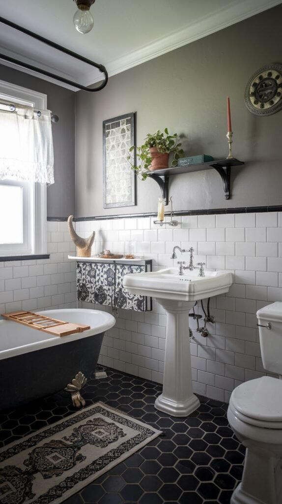 A dynamic Black and White bathroom combines white subway tiles with dark grout and a dynamic hexagonal black tiled floor. The upper walls are painted a muted grey, and the room includes a classic clawfoot tub and a white pedestal sink, accented with a patterned rug.