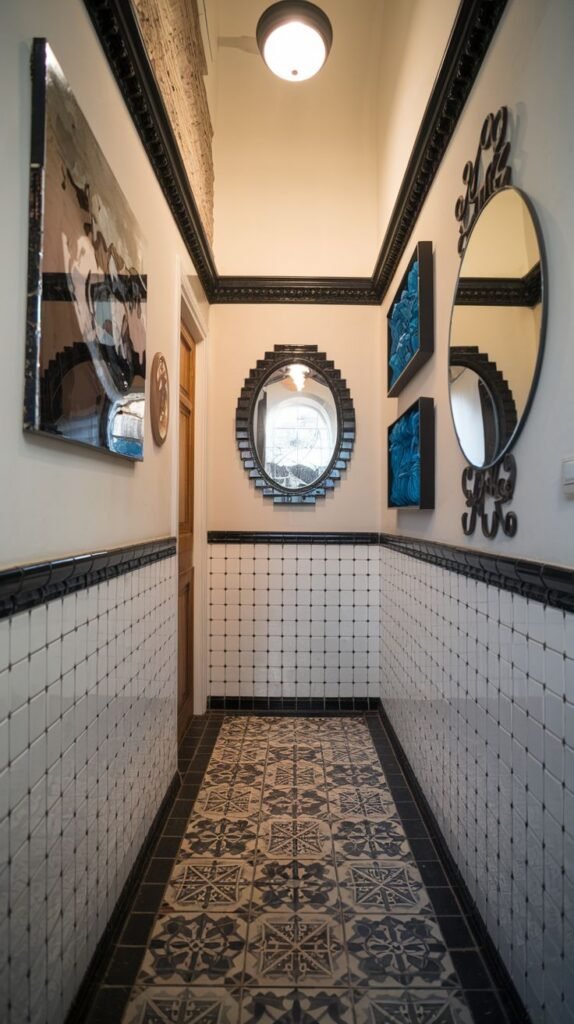 A dynamic Black and White hallway is lined with lower white tiles featuring small black cross patterns, capped by a dark border and intricate moulding. The floor boasts a dynamic patterned tile design, and multiple mirrors with black frames reflect light, enhancing the sense of space.