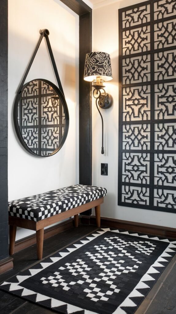 A dynamic Black and White entryway showcases a decorative black geometric screen on the wall, complementing a round mirror with a similar pattern. A bench upholstered in a Black and White checkerboard fabric sits on a rug with a bold black and white geometric design, creating a rich texture.