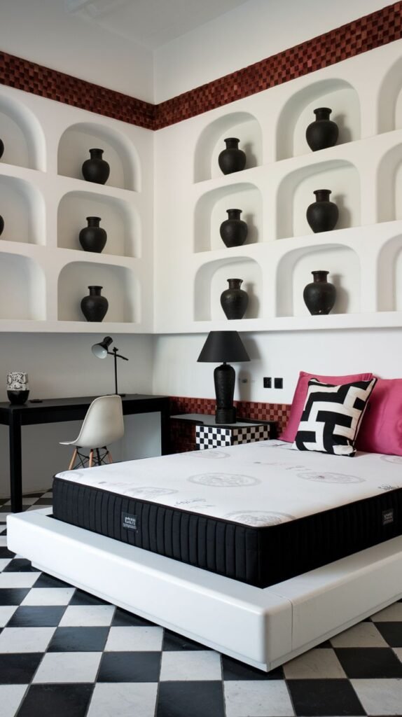 A dynamic Black and White bedroom features a striking white arched wall display adorned with black vases, set against a checkerboard tiled floor. The room includes a modern white bed frame with a Black and White mattress and pillows, accented with vibrant pink.