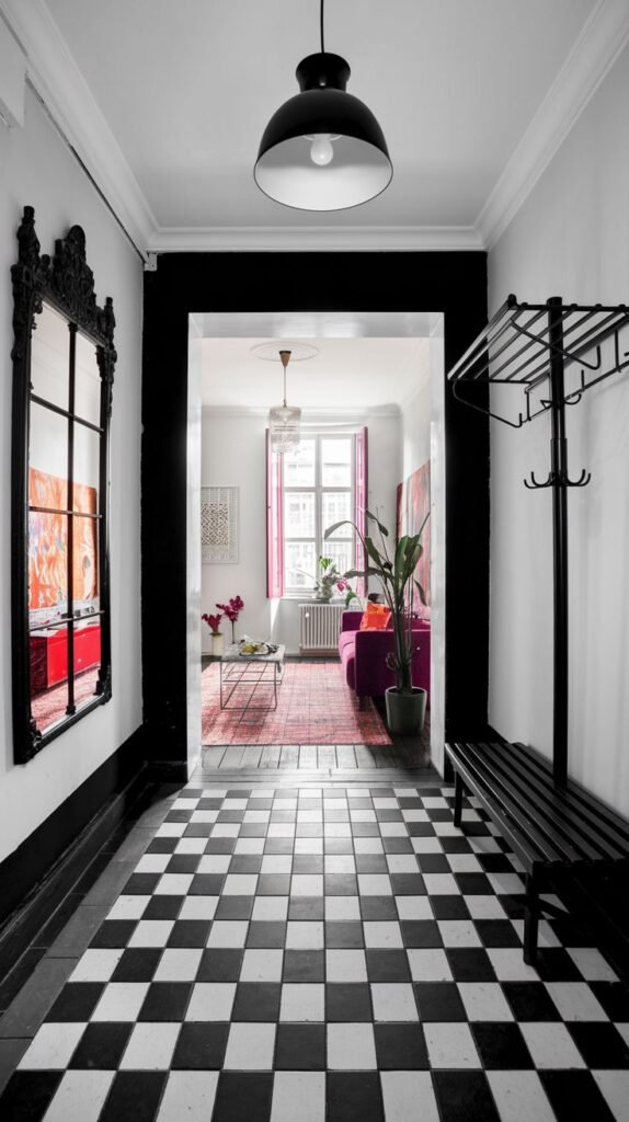A dynamic Black and White hallway is characterized by a prominent checkerboard tiled floor that leads the eye towards a brightly lit room with a pop of pink. The hall features dark trim around doorways and a large ornate black-framed mirror, adding depth and contrast.