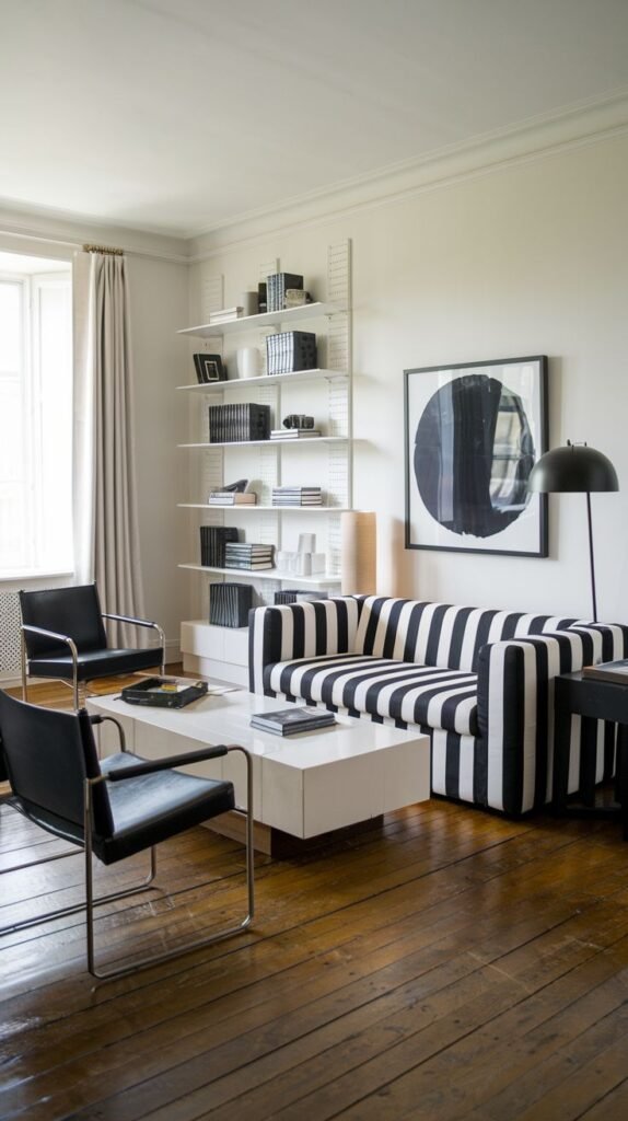 A dynamic Black and White living room features a boldly striped sofa, paired with sleek black armchairs, on a rich wooden floor. White floating shelves display numerous books, creating a library-like feel, while a large abstract Black and White artwork adds a modern touch.