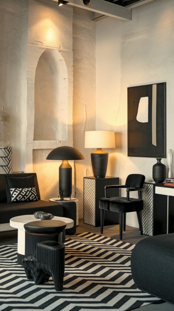 A dynamic Black and White living room offers rich textures, including a textured wall and a geometric patterned rug. Various black furniture pieces and lamps create deep contrasts, with subtle patterned accents on tables adding to the overall sophisticated and dynamic design.