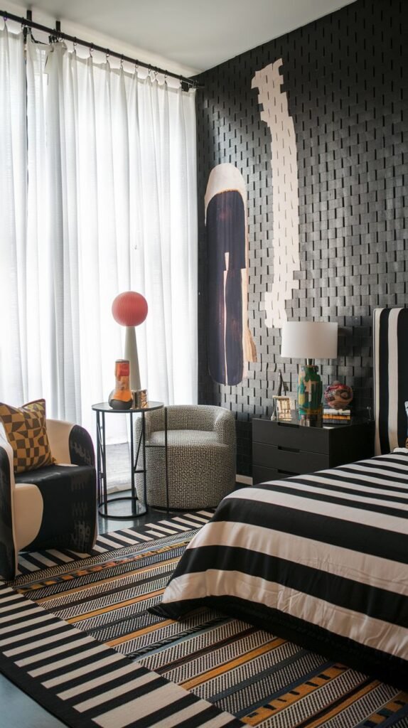 A dynamic Black and White bedroom features a textured dark wall as a backdrop for abstract art, with a Black and White striped duvet. A dynamic striped rug with yellow accents adds a warm touch to the monochrome palette, with an armchair featuring a geometric pattern.