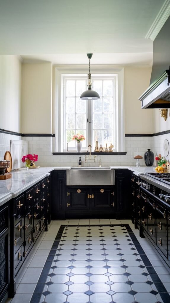 A dynamic Black and White kitchen displays elegant dark cabinets with brass hardware, contrasted by white countertops and a patterned floor. The floor features Black and White octagonal tiles with smaller dark squares, creating a sophisticated and classic look centered around a large window.