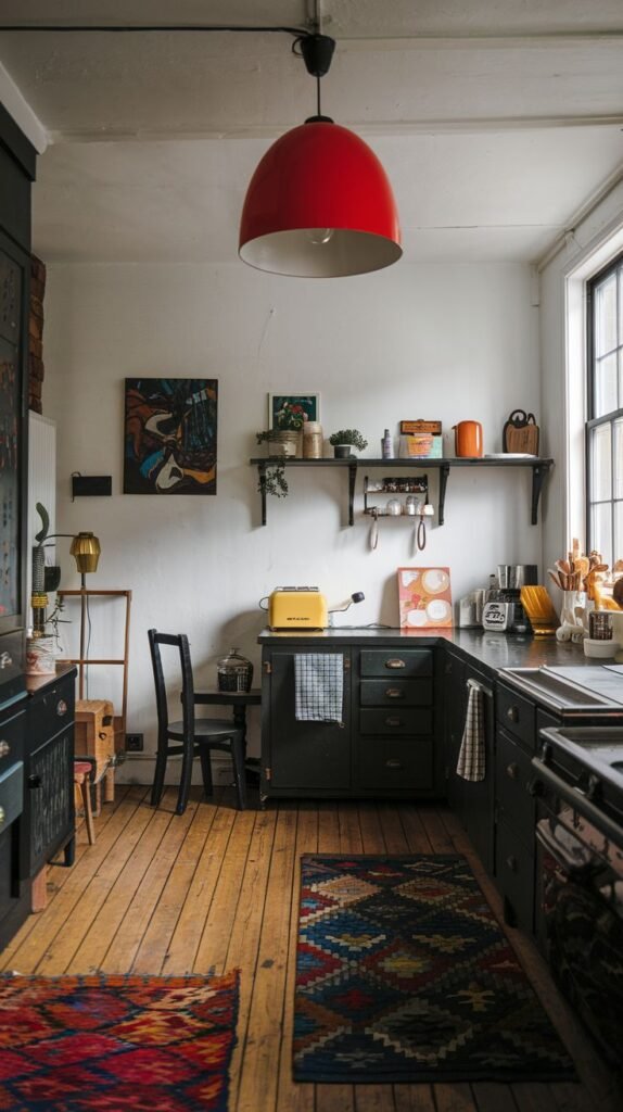 A dynamic kitchen with white walls and wooden floors features a colorful patterned rug, creating a vibrant focal point. A bright red dome pendant light hangs centrally, adding a dynamic splash of color, while dark green cabinetry grounds the space.