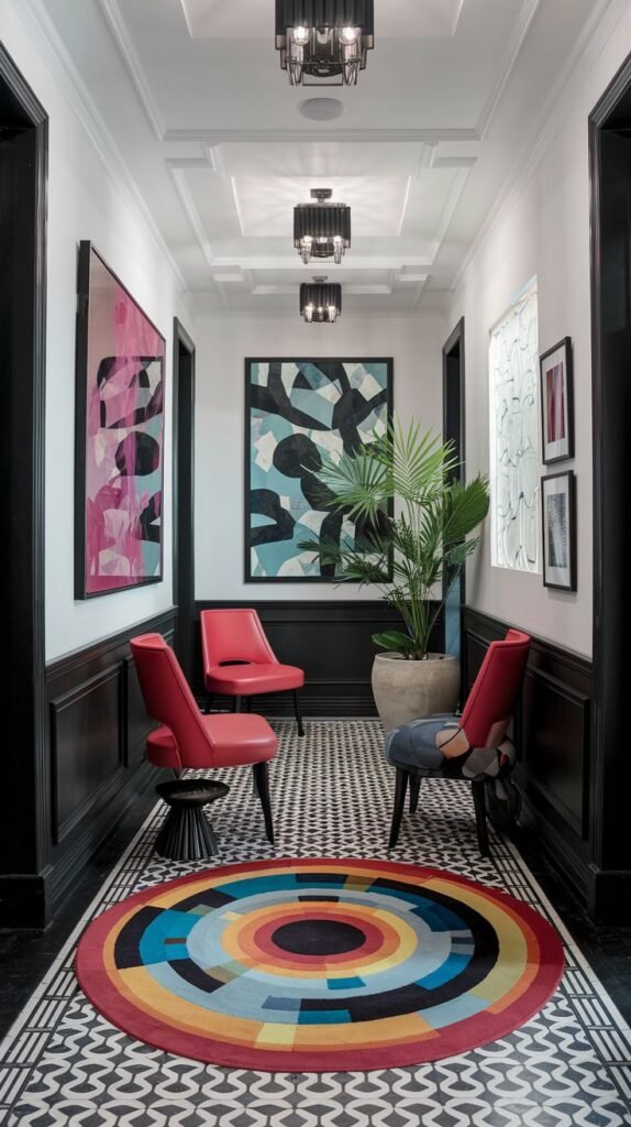 A dynamic Black and White hallway features a striking multi-colored concentric circle rug over a patterned tile floor. Dark wainscoting and trim provide a strong Black and White contrast, and bright red chairs add vivid pops of color, creating a lively and engaging space.